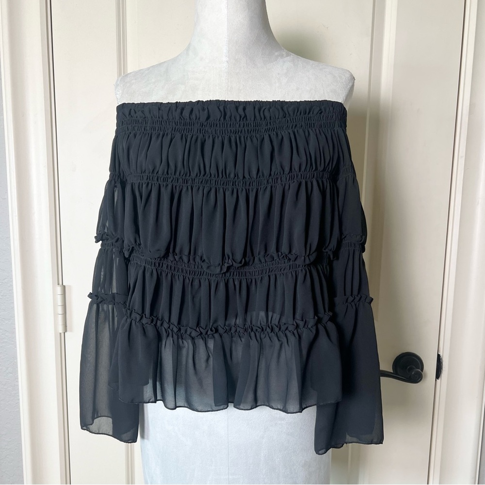 Cato Black Smocked Tiered Ruffle Blouse Small Sheer Bell Sleeve Whimsigoth Top